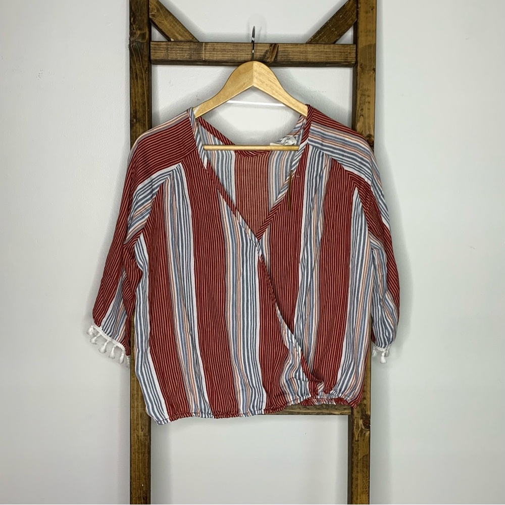 Anthropologie Lavender Field Tie Front Striped Top with Bell Sleeves
